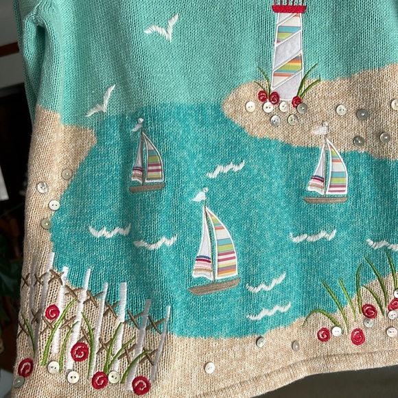Vintage Timber Lea Teal Nautical Lighthouse Sweater Sz PS - Picture 3 of 8